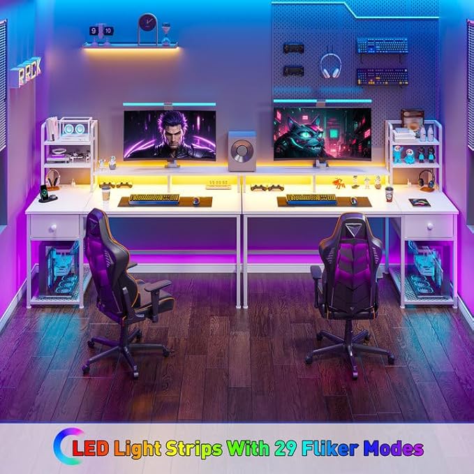 44 Inch Small White Computer Desk with Drawers and Hutch,Reversible Home Office Desk with Monitor Shelf,Gaming Desks with USB Power Outlets&Storage,Writing Table for Bedroom with LED Lights,White