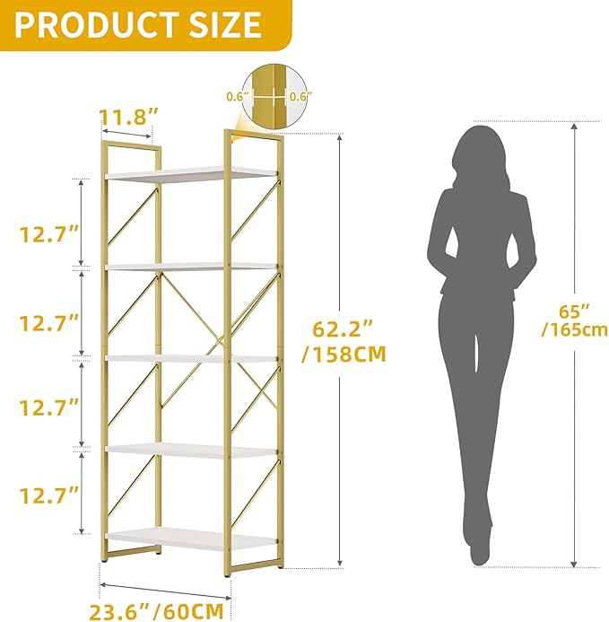 DWVO Gold Bookshelf, Modren 5 Tier Bookcase, Storage Shelves Organizer Standing Shelf, Display Rack Book Shelves for Bedroom,Living Room,Office,Kitchen, Gold