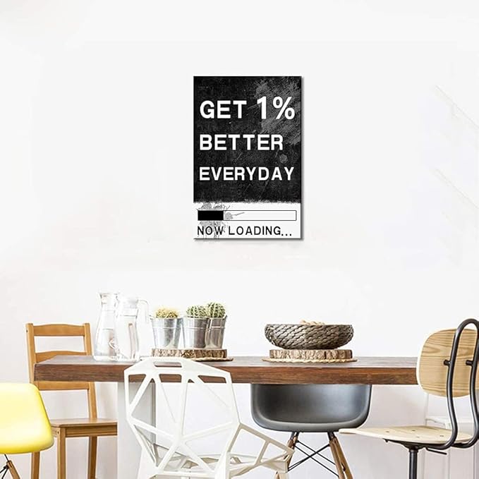Get 1% Better Everyday-Motivational Framed Canvas Wall Art Retro Black and White Inspirational Office Artwork HD Print for Living Room Bedroom Wall Decor Framed and Stretched Ready to Hang-12 Wx16 H