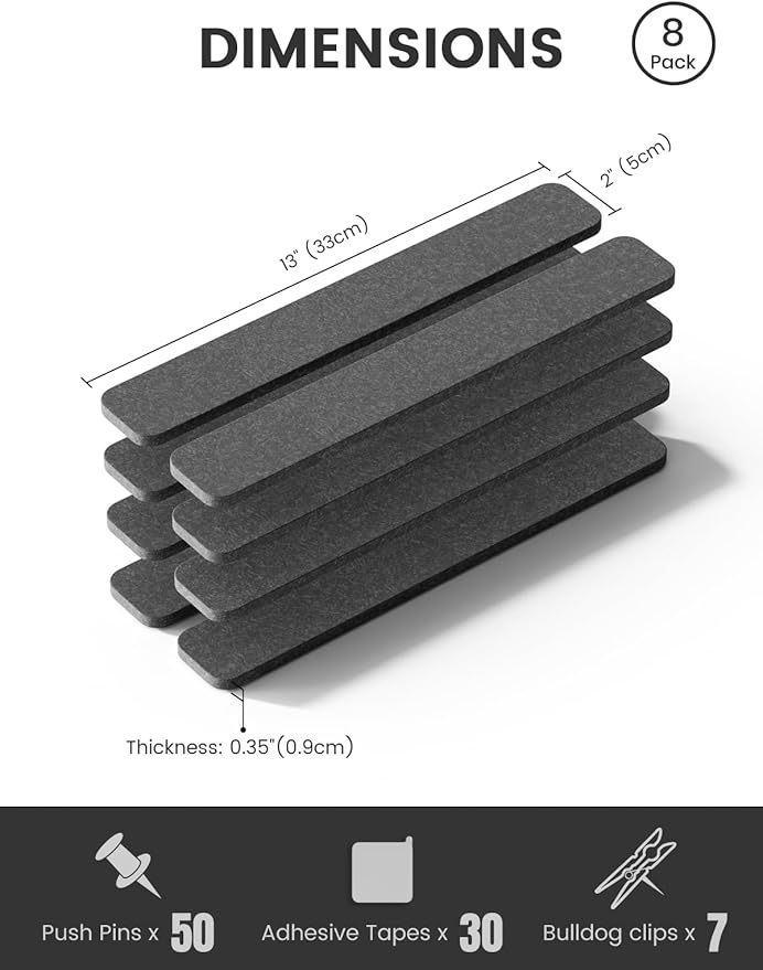 Fluxynara Cork Board Alternative Felt Strip Board 8-Pack 13"x2", Office Pin Board with 50 Push Pins, Adhesive Install for Bedroom Door & Home Office(Charcoal Gray)