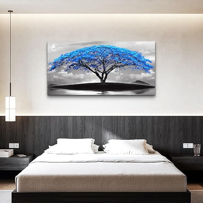 Wapluam Large Canvas Prints Wall Art For Living Room Bedroom Wall Decor Black And White Pictures Blue Tree Landscape Painting To Hang Modern Home Decorations For Office Stretched And Framed Works