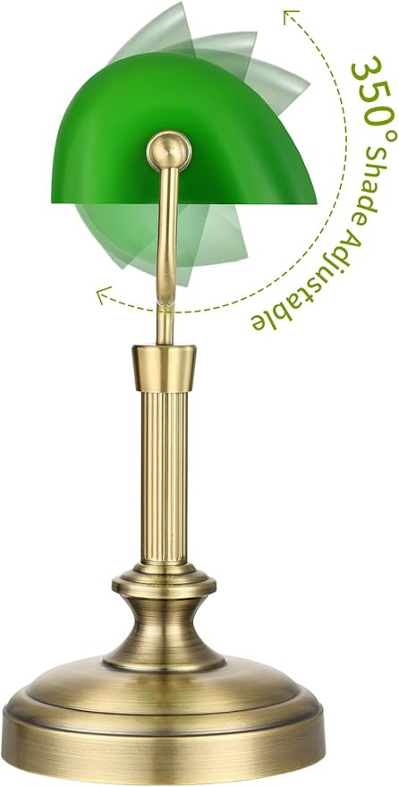 Vintage Banker Lamp, Green Glass, Touch Control, 3-Way Dimmable, LED 6W, Brass Finish (Antique Brass+Green+Touch)