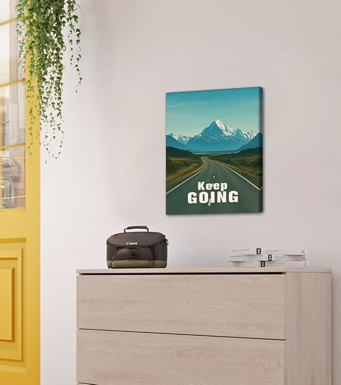 Keep Going Canvas Wall Art - Motivational Landscape Print with Stretching Highway and Snowy Mountains, Inspirational Landscape Artwork for Office Home Living Room Wall Decor, Framed 18"x24"