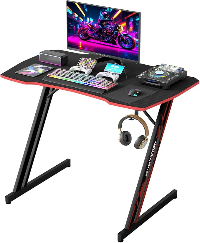 BestOffice Gmaing Desk 35 in PC Computer Desk Z Shaped Gaming Workstation Ergonomic Gaming Table with Headphone Hook for Home Office,Black&Red