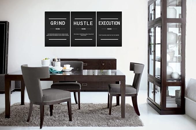 Inspirational Canvas Wall Art Motivational Posters Inspirational Canvas Wall Decor Grind Execution Hustle Entrepreneur Quote 3 Pieces Painting Prints Artwork for Home Decor Framed [60''Wx 28''H]