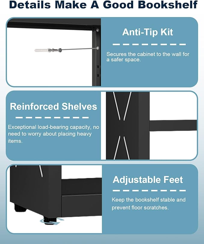5-Cube Bookshelf, All Steel Bookcase with Adjustable Shelves & Anti-Tip Kit for Home Office, Hallway, and Garage, Modern Tall Display Shelves, Heavy-Duty Storage Organizer (Black)