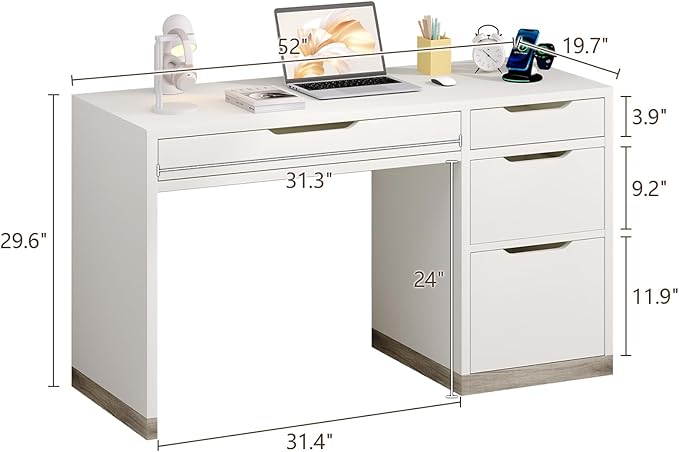 52 Inch White Desk with Drawers, Modern Home Office Desk with Storage for Bedroom, Study Desk with Storage File Drawer for Small Space