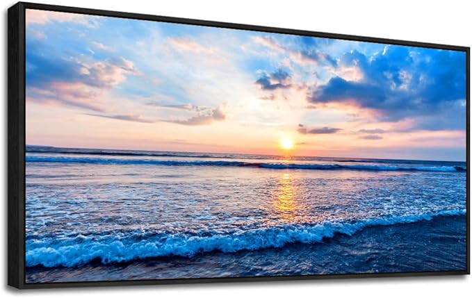 Black Framed Canvas Wall Art For Living Room Blue Beach Ocean Sea Waves Landscape Wall Decor Ready To Hang Home Decorations Bedroom Kitchen Bathroom Canvas Prints Posters Painting Wall Mural Artwork