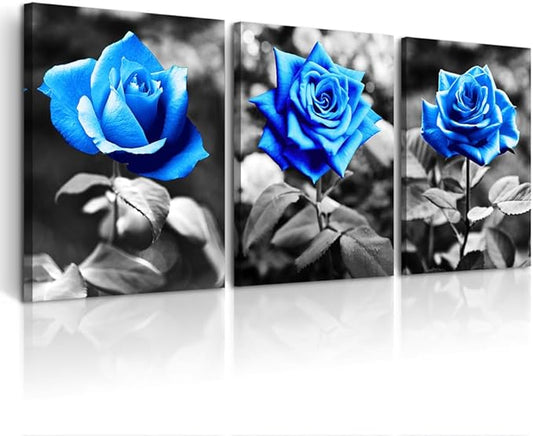 DZRWUBHS Large Wall Art For Living Room Wall Decor For Kitchen Black And White Canvas Prints Pictures Artwork Blue Rose Flowers Wall Paintings Modern Office Bedroom Room Home Decorations 3 Pieces