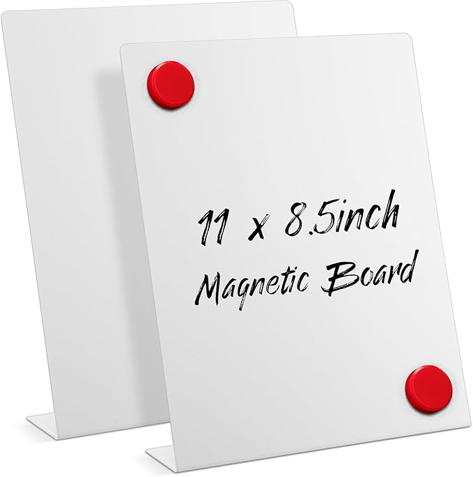 Fainne White 2 Pcs Magnetic Bulletin Board with Easel Stand 11 x 8.5 x 2.4 Inches Mini Magnet Metal Tabletop Memo Display Board for Back to School Menu Table Office Supplies