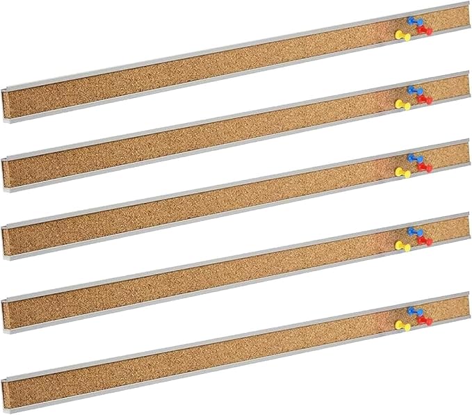 Corksidol Bulletin Bar Strip, Cork Board, Cork Strips, 36" x 1", Classroom, Office, Walls, Cubicle, Aluminum Frame,10 Pack, Silver