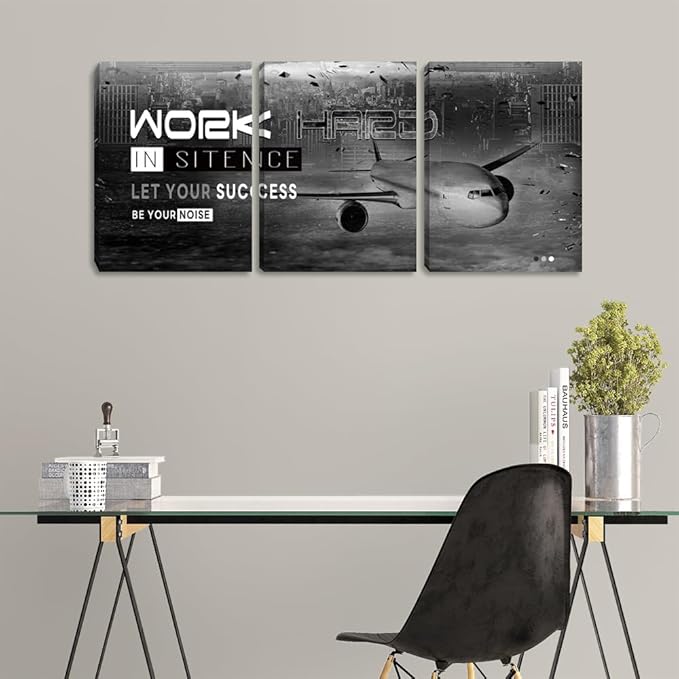 Motivational Framed Canvas Wall Art Success Quote Office Wall Art Black Positive Poster Set of 3 Prints Plane Inspirational Print Entrepreneur Workplace Workout Room Decor(48" Wx24 H)
