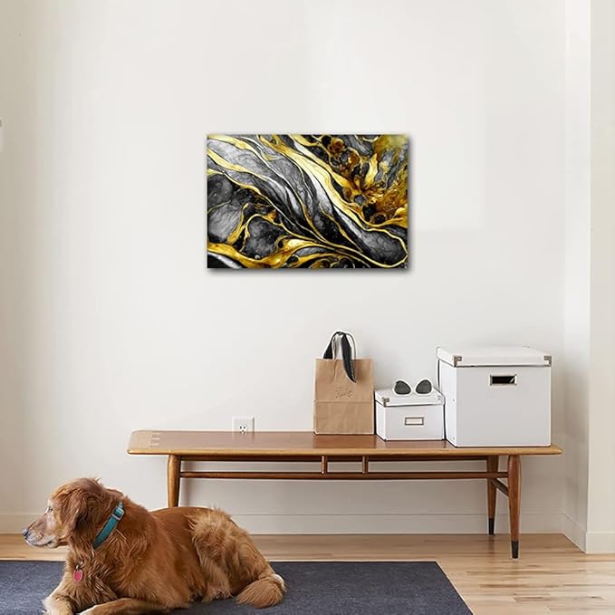 Abstract Marble Wall Decor for Home 1 Panel Modern Canvas Artwork Black and Gold Texture Poster Prints on Canvas for Minimalist Enthusiasts Bedroom Decor Stretched and Framed Ready to Hang 18x12 in