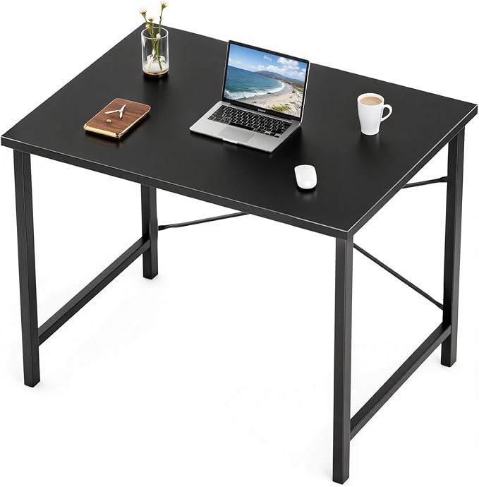 Sweetcrispy Small Computer Desk,31 Inch Office Writing Work Desk with Metal Frame Wooden Tabletop, Student Study Home Bedroom Table with X-Shaped Reinforcement, Black