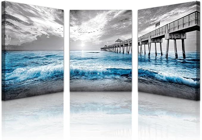 Lapremoly Black And White Beach Wall Paintings Wall Decorations For Living Room Large Canvas Wall Art For Bedroom Office Wall Decor Sea Wave Pictures Prints Artwork Modern Frame Home Decor 3 Piece
