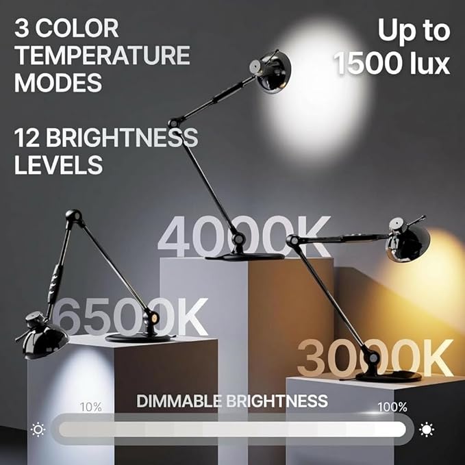 OTUS LED Desk Lamp for Home Office, Gesture On Off and Touch Control, Tall Architect Swing Arm Desk Light, 1500 Lux Eye Care Dimmable, 12 Levels, 3 Color Temps, Weighted Metal Base