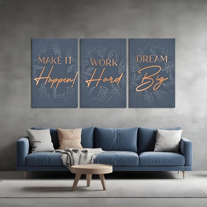 Set of 3 Inspirational Quotes Wall Art, Dream Big Work Hard Make It Happen Canvas Print Positive Office Poster Motivational Wall Decor Inspiring Picture Entrepreneur Painting Artwork, Framed 24"x36"x3