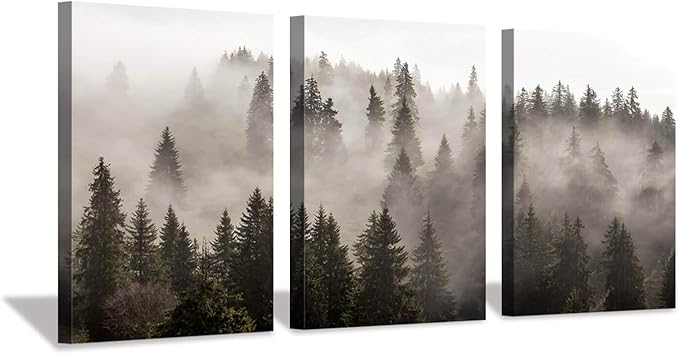 Foggy Forest Picture Wall Art: Landscape Painting Misty Pine Trees Artwork Print on Canvas for Kids Rooms(16"x12"x3pcs)