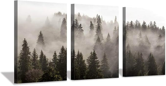 Foggy Forest Picture Wall Art: Landscape Painting Misty Pine Trees Artwork Print on Canvas for Kids Rooms(16"x12"x3pcs)