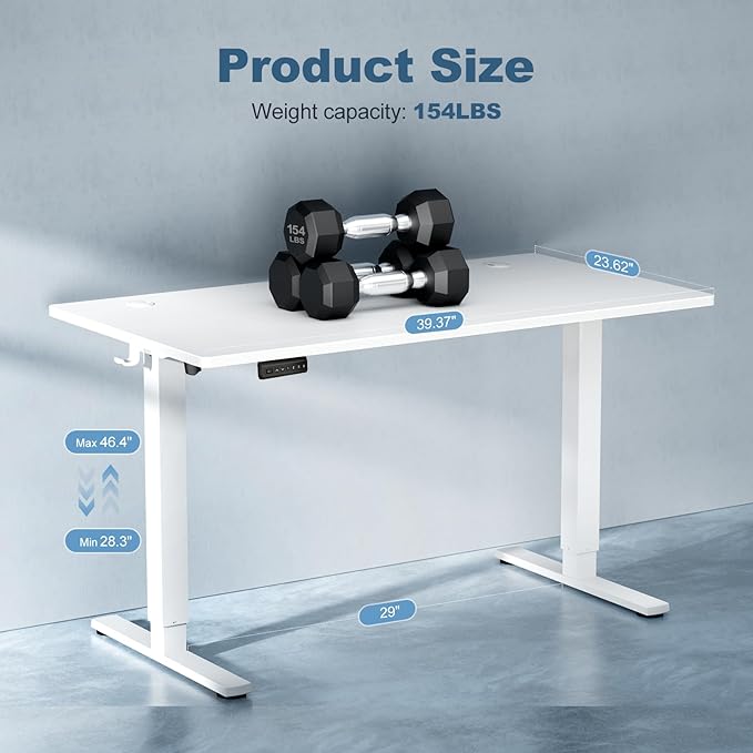 DUMOS 40 Inch Electric Standing Desk Height Adjustable, Sit to Stand Up Computer Workstations Work PC Table Home Office Study Writing Gaming Desks with Memory Presets for Walking Pad, Bedroom, White