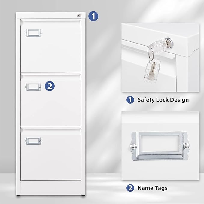 3 Drawer File Cabinet,Metal Filing Cabinets with Lock,18" Deep Office Storage Cabinet for A4/Letter/Legal Size File,Assembly Required