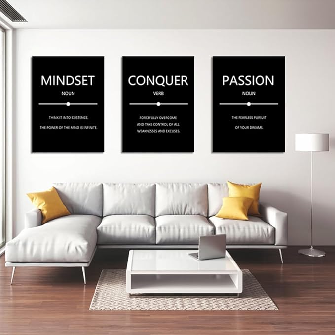 Unbruvo Motivational Wall Decor for Office, 3 Pieces Inspirational Canvas Wall Art, Mindset Passion Conquer Canvas Poster, Positive Quotes for Entrepreneur Meeting Room Lobby Bedroom(72''Wx 36''H)