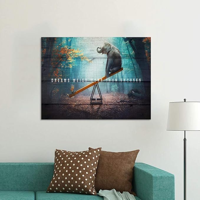Motivational Quotes Dreams Weight More Than Excuses Wall Art Inspirational Gift for Men Office Home Decor for Walls Butterfly and Elephant Picture Modern Art Paintings Framed, 24"x18"