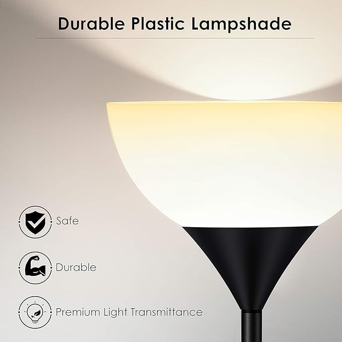 Floor Lamp, Torchiere Floor Lamps for Living Room, 71 Inch Tall Standing Lamp, Bedroom Lamps with Reading Light, Rotary Switch, 2 Plastic Lampshade, Torch Floor lamps for Bedroom (Black, No Bulb)