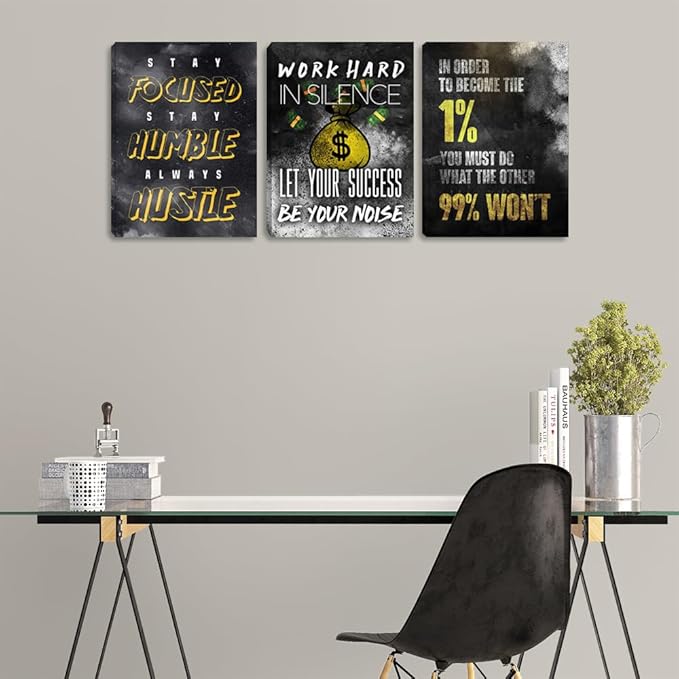 Motivational Canvas Wall Art Inspirational Office Wall Art Hustle Posters Wall Decor Entrepreneur Success Quote Paintings Picture 3 Pieces Artwork for Bedroom Home Decor Framed Decorations(48"Wx24"H)