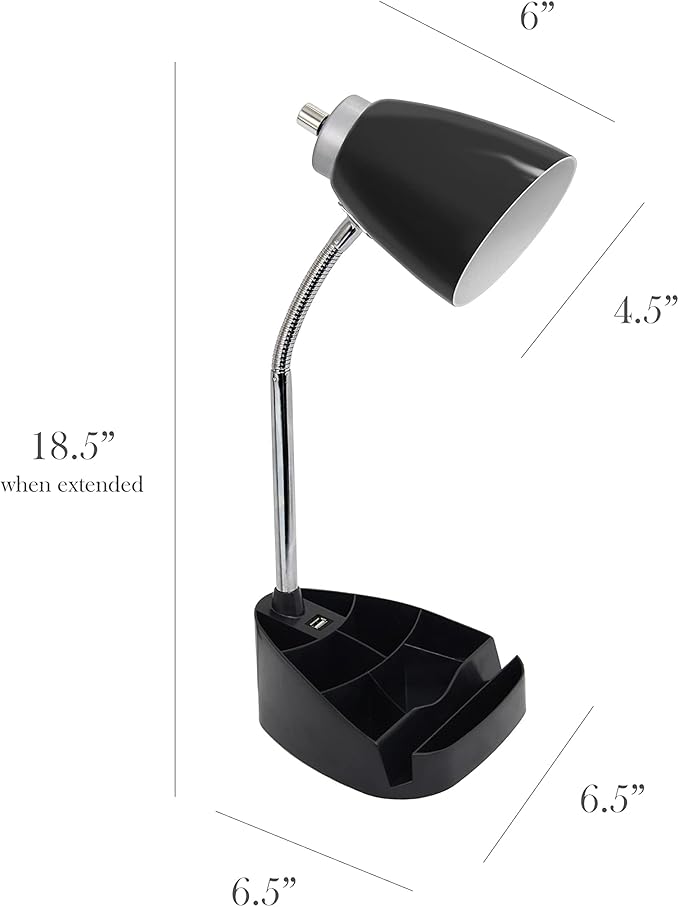 Simple Designs LD1056-BLK Gooseneck Organizer Desk Lamp with iPad/Tablet Stand or Book Holder and USB Port, Black (Pack of 6)