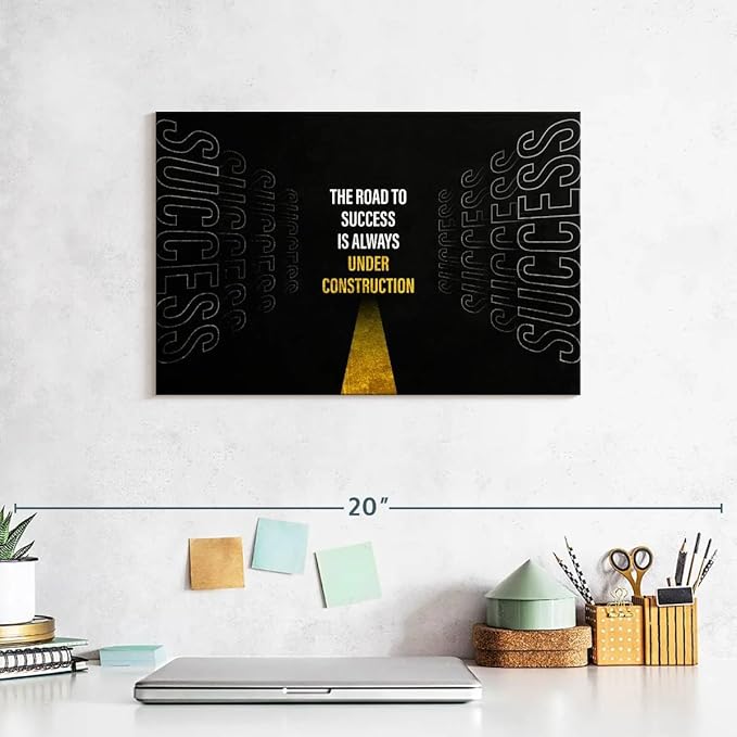ElephantStock - Work On Your Road To Success Wall Art - Horizontal Canvas Wall Art - Home Office Wall Decor - Digital Art Inspirational And Typography Canvas Art - Black And White Decor - 12" x 8"