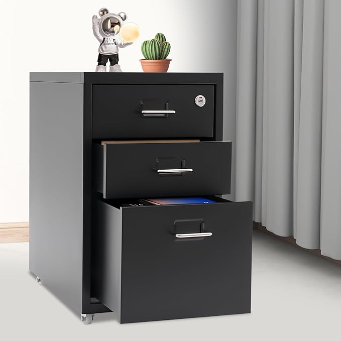 3 Drawer Metal Storage Cabinet, Filing Cabinets for Home Office, Rolling Narrow File Cabinet, Literature Organizer, Home Printer Stands, Mobile File Cabinet w/ Lock for Office, Study, Dresser (Black)