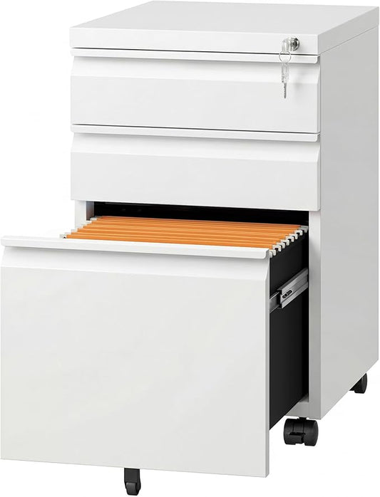 DEVAISE 3-Drawer Mobile File Cabinet (Under Office Desk), Assembled Except Casters, Fits Letter/Standard Sizes, White
