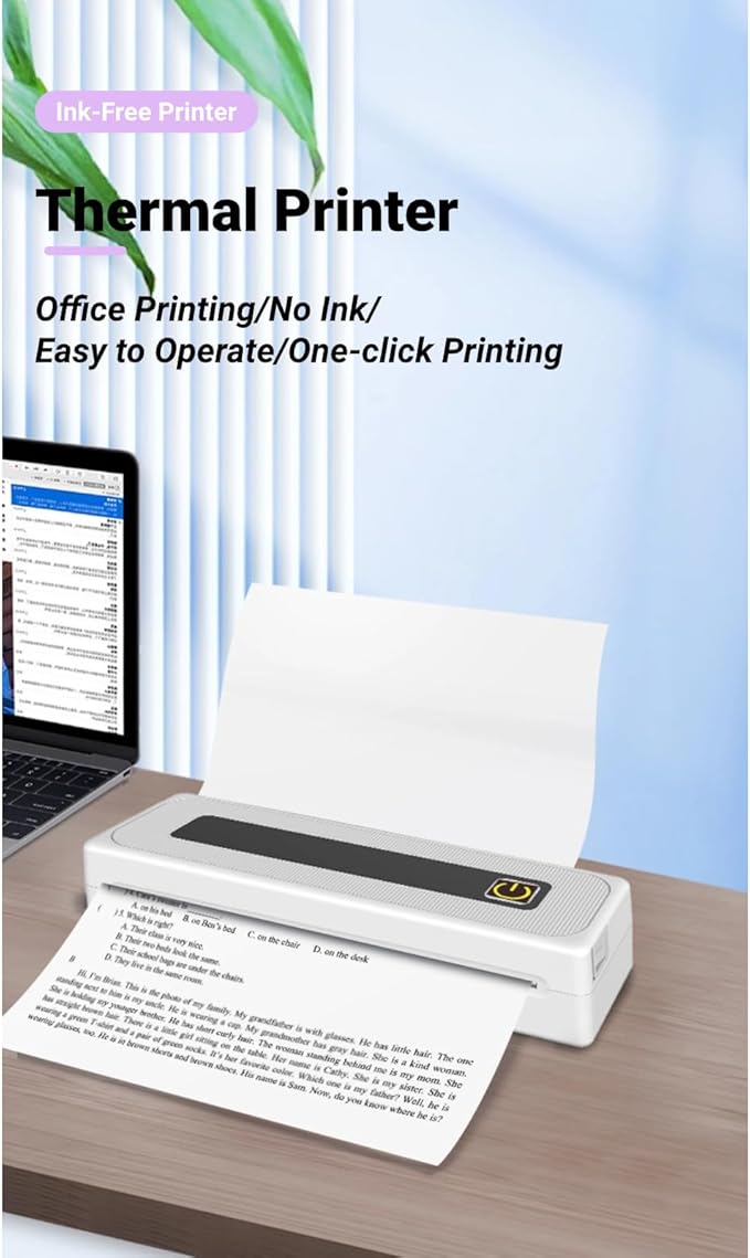 Generic Portable Printer for Travel, Bluetooth Thermal Printer Support 210MM 112MM 80MM 57MM Thermal Paper, Inkless Printer for iOS, Android & Laptop for Office Car Home,