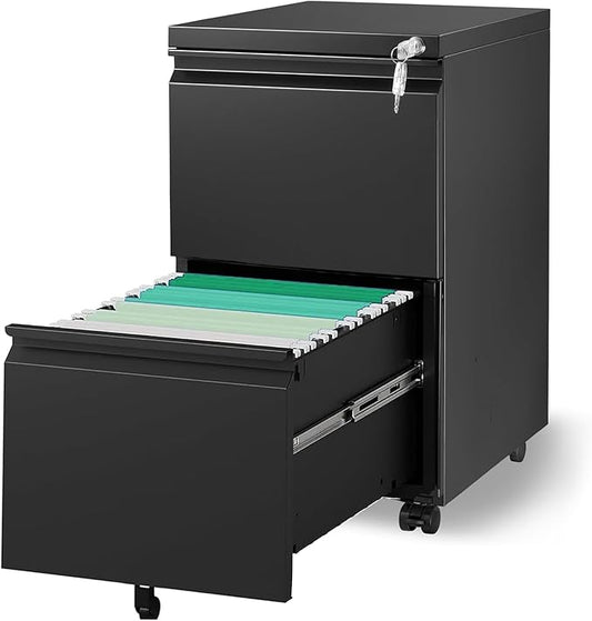 2 Drawer Mobile File Cabinet with Lock,Rolling File Cabinet, Under Desk Mobile Filing Cabinet,File Cabinets for Home Office,Storage 2 Drawer Mobil Filing Cabinet for A4/Legal/Letter,Balck