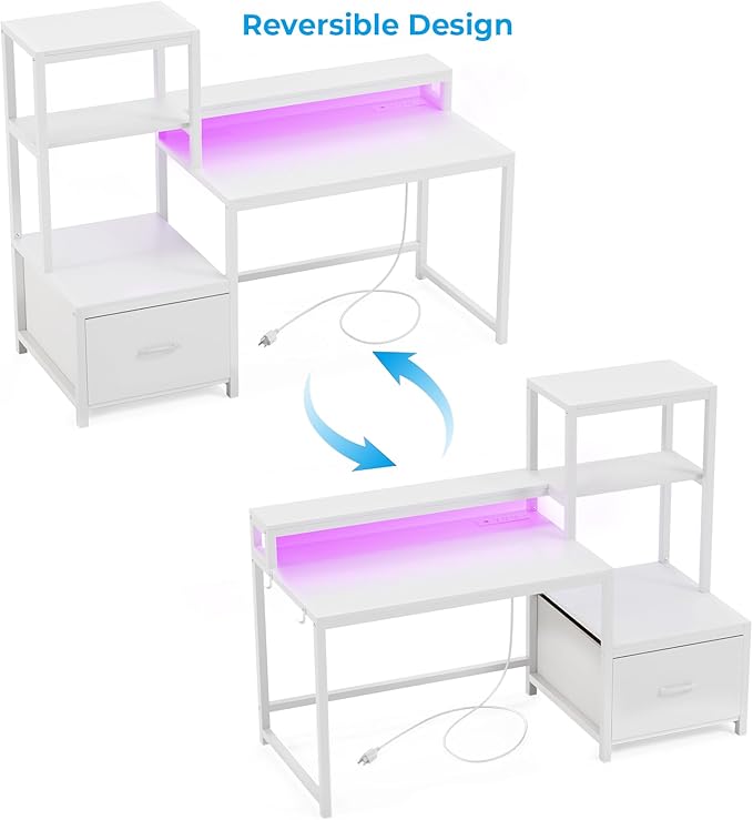 GreenForest Computer Desk with Drawers and Monitor Stand, Home Office Desk with Storage Shelves, Small Gaming Desk with Power Outlets and LED Lights for Study Writing Working, 51 inch White