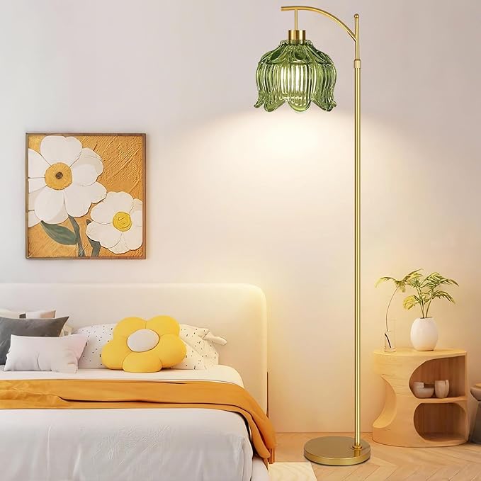 Glass Floor Lamp for Living Room,Bedroom,Gold Mid Century Modern Standing Lamp with Remote,Dimmable Brass Tall Lamp Vintage Tulip Green Arc Flower Floor Light Boho Bohemian