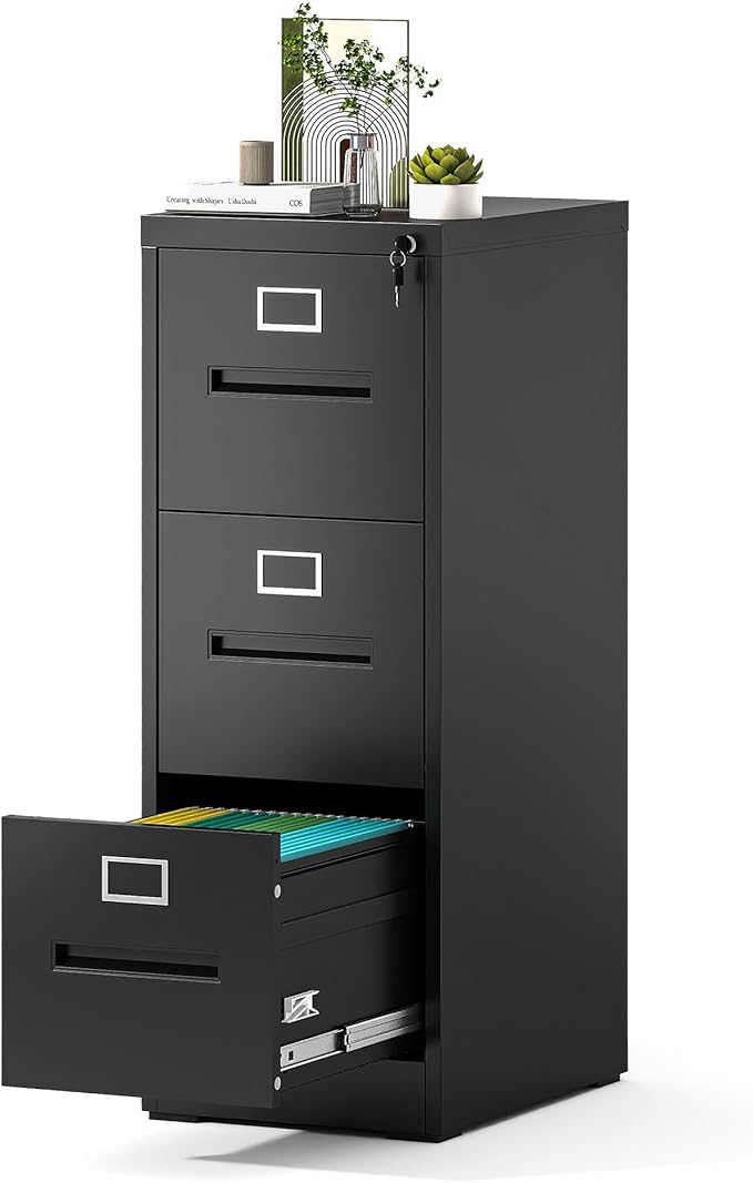 3 Drawer File Cabinet with Lock, Metal Vertical Filing Cabinet for Home Office, Office Furniture for Organization Hanging Files for A4/ Legal/Letter, Heavy Duty Storage Cabinet,Require Assembly-Black