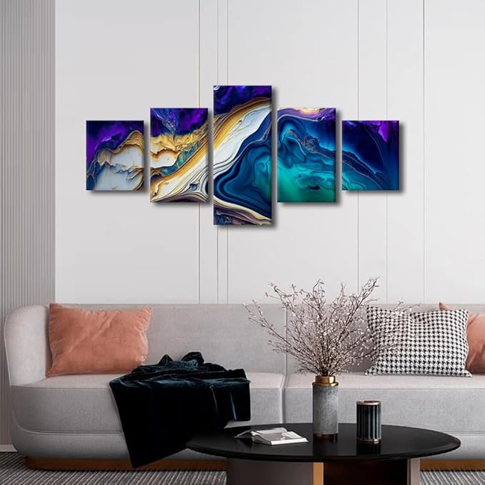 Canvas Walll Art Decor for Bedroom Wall Art Colorful Abstract Canvas Poster Prints on Canvas 5 Panel Liquid Marble Texture Picture for Office Wall Decor Stretched and Framed Ready to Hang 50x24 in