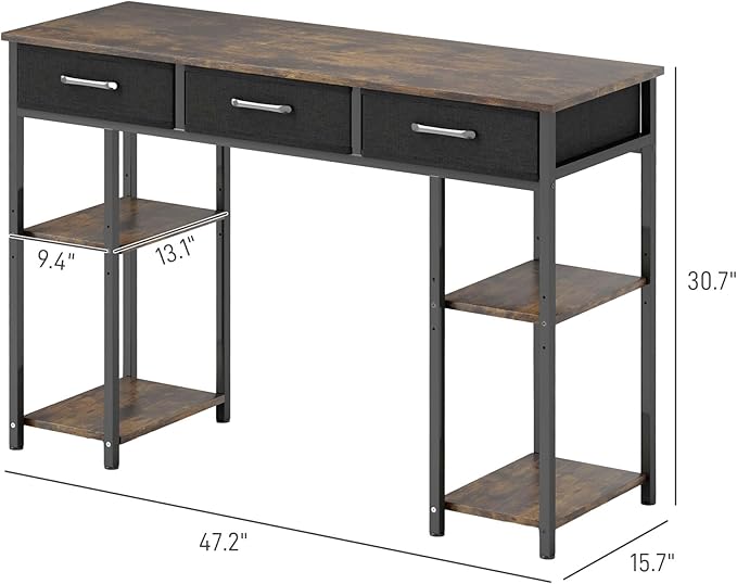 HOMCOM 47" Computer Desk with 3 Fabric Drawers, Home Office Desk with Adjustable Shelves, Small Writing Desk with Storage, Rustic Brown