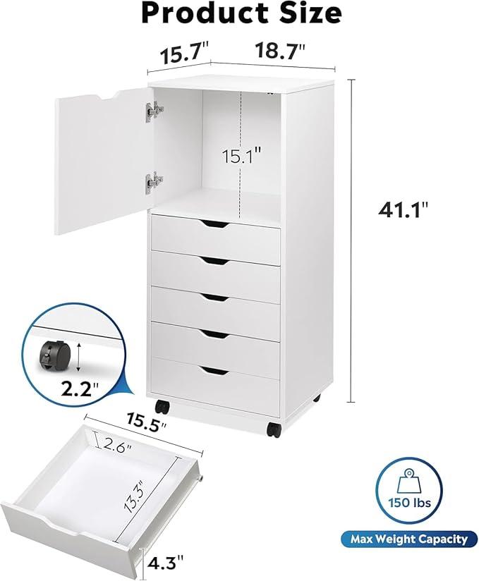 DEVAISE Wood File Drawers, Mobile Office Cabinet with 5 Drawer and 1 Door, Rolling Filing Drawer for Home Office, White