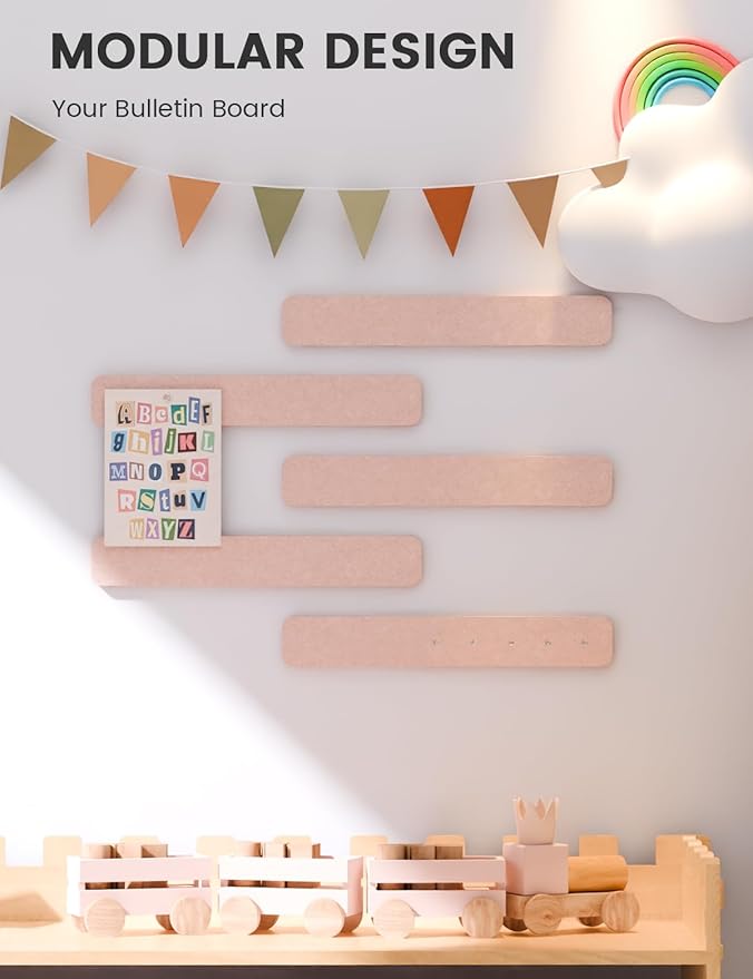 Fluxynara Cork Board Alternative Felt Strip Board 5-Pack 13"x2", Office Pin Board with 35 Push Pins, Adhesive Install for Bedroom Door & Home Office(Pink)