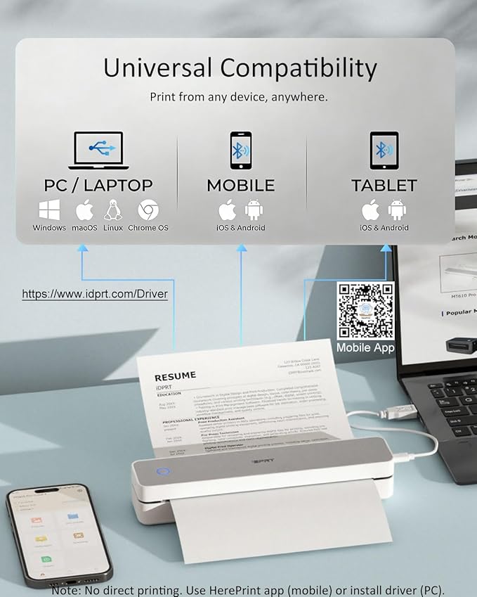 Inkless Portable Printer for Travel, Wireless Thermal Printer Supports 8.5 x 11" US Letter, A4, MT610Pro 300DPI Small Bluetooth Printers Compatible with iOS Android Laptop for Home Office Car, Grey