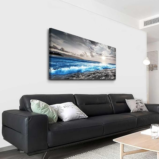 Hyidecorart Framed Canvas Wall Art - Large Size Decor for Office, Living Room, Bedroom - Blue Ocean, Black & White Modern Pictures