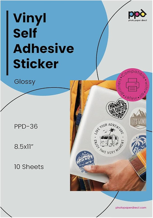 PPD Premium Printable Vinyl Sticker Paper for Inkjet Printer - 10 Glossy Sticker Paper 8.5 x 11 - Self-Adhesive, Waterproof, Tear Resistant, Instant Dry - PPD-36-10
