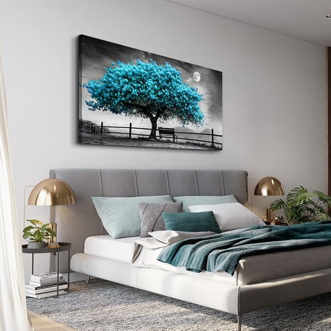 KELIYUAN Wall Art Black White Grey Background Home Decor Blue Tree Of Life Canvas Wall Painting Living Room Decor Office Bedroom Bathroom Corridor Decor Artwork, Can Be Hung Directly 24x48 Inches