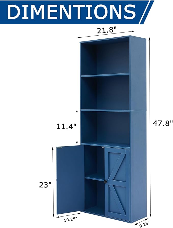 Blue 5-Tier Bookshelves for Living Room, Farmhouse Tall Bookcase with Doors, Wooden Bookshelf with Storage Cabinet and Shelves for Living Room, Home Office