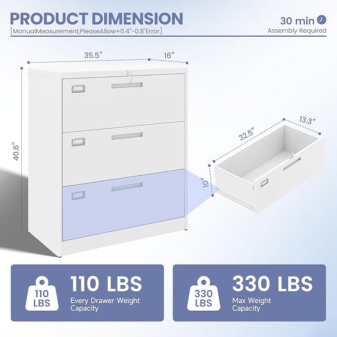 Metal 3 Drawer Lateral File Cabinet with Lock, Wide&Deep Filing Cabinet for Letter/Legal/F4/A4 Hanging Files, Includes Business Card Holder, Home Office School Storage