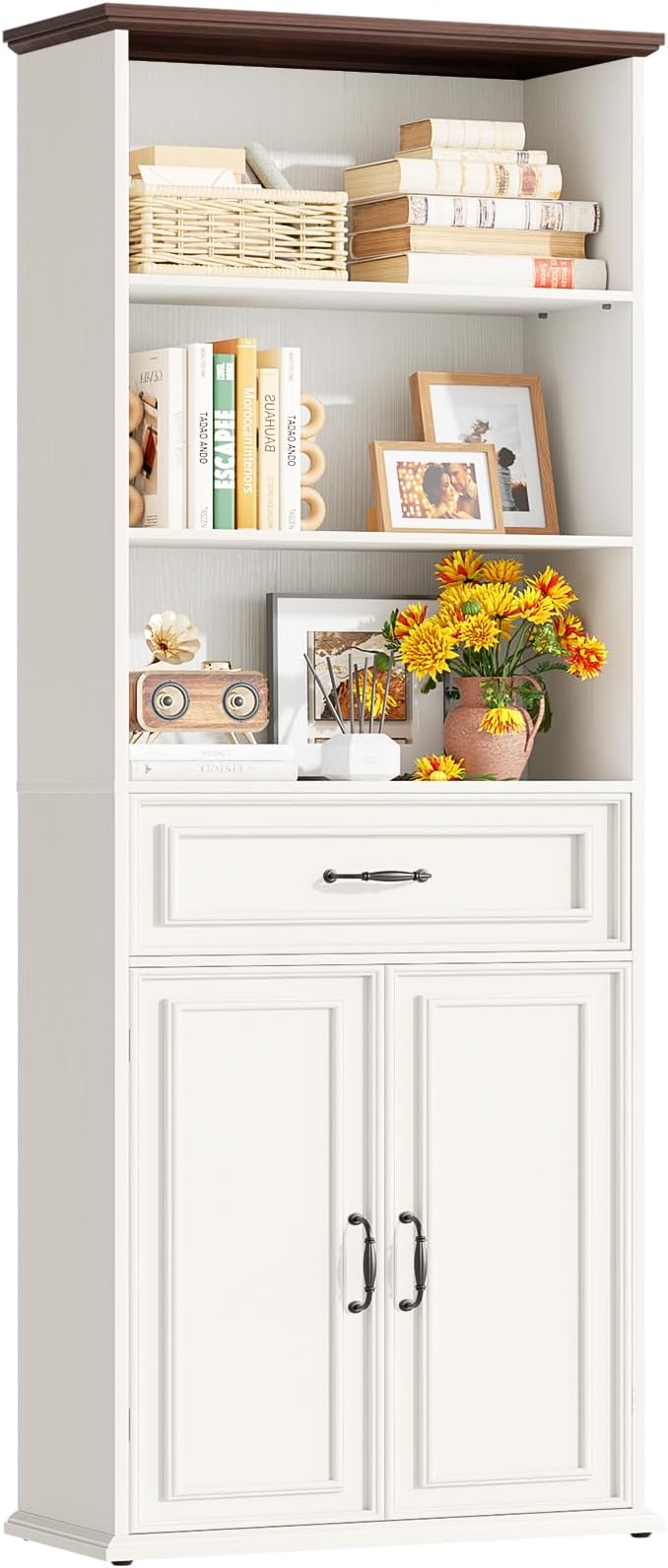 Cyclysio 80" Tall Bookcase, Farmhouse Bookshelves with Drawer and Doors, Floor Standing 6 Shelf Display Storage Cabinet for Home Office, Living Room (1, Antique White/Walnut)