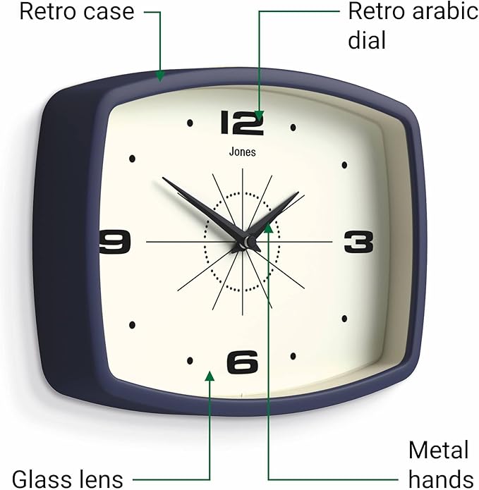 JONES CLOCKS® Movie Wall Clock | Rectangular Retro Clock | 25cm | Blue | Cool mid-Century Designer Look for Kitchen, Living Room or Office